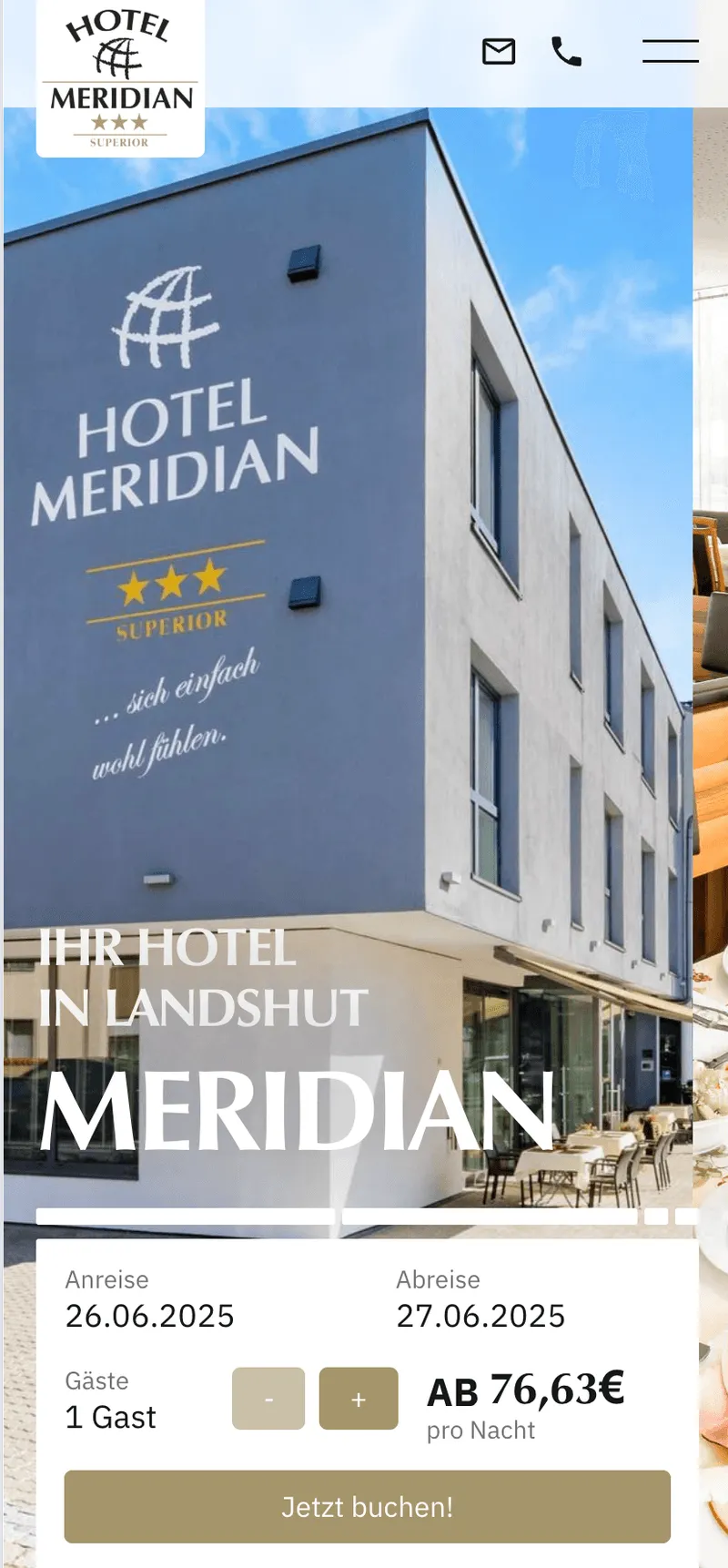 Webseite des Restaurants Meridian in Landshut mit einer neuen Gastique Webseite. Startseite (Hero-Sektion) der Webseite.