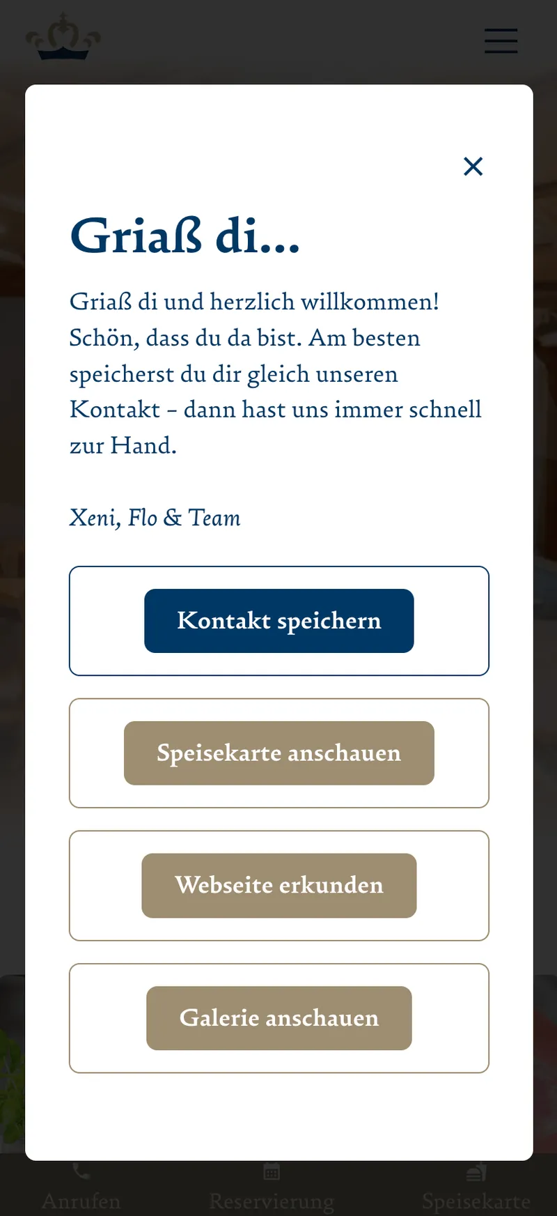 Webseite des Restaurant Kurfürst. Popup QR Code auf den Visitenkarten. Die Webseite ist eine Gastique Webseite.
