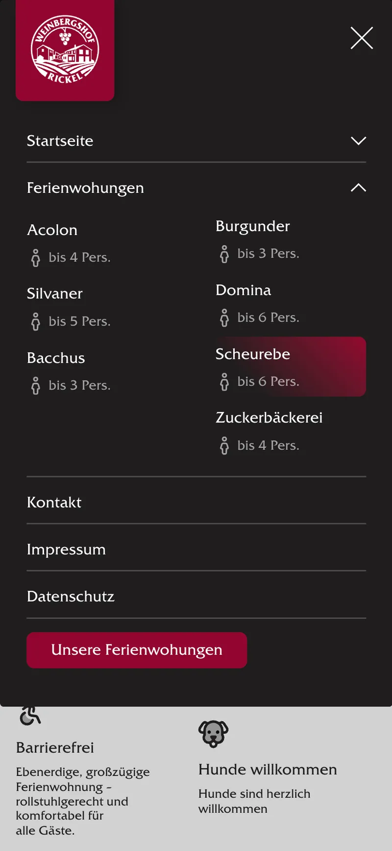 Menü des Weinberghofs Rickel. Eine Webseite von Gastique für eine Ferienwohnungunterkunft.