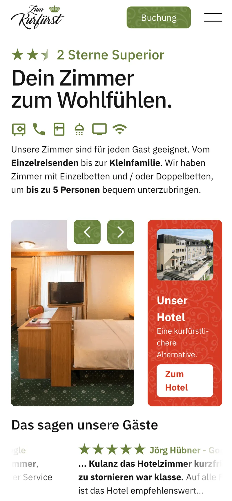 Zimmersektion der neuen Chalet-Webseite. Des Chalet zum Kurfürst in Oberschleißheim. Eine Webseite von Gastique.
