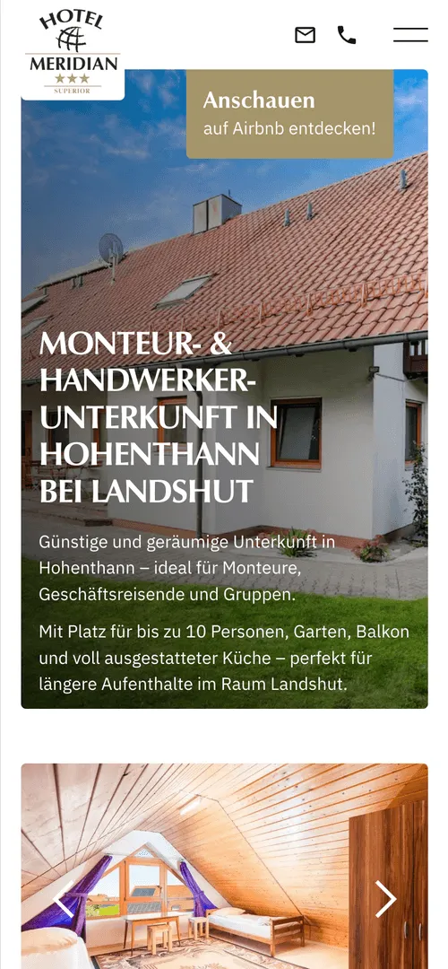 Webseite des Restaurants Meridian in Landshut mit einer neuen Gastique Webseite. Unterseite der Webseite.