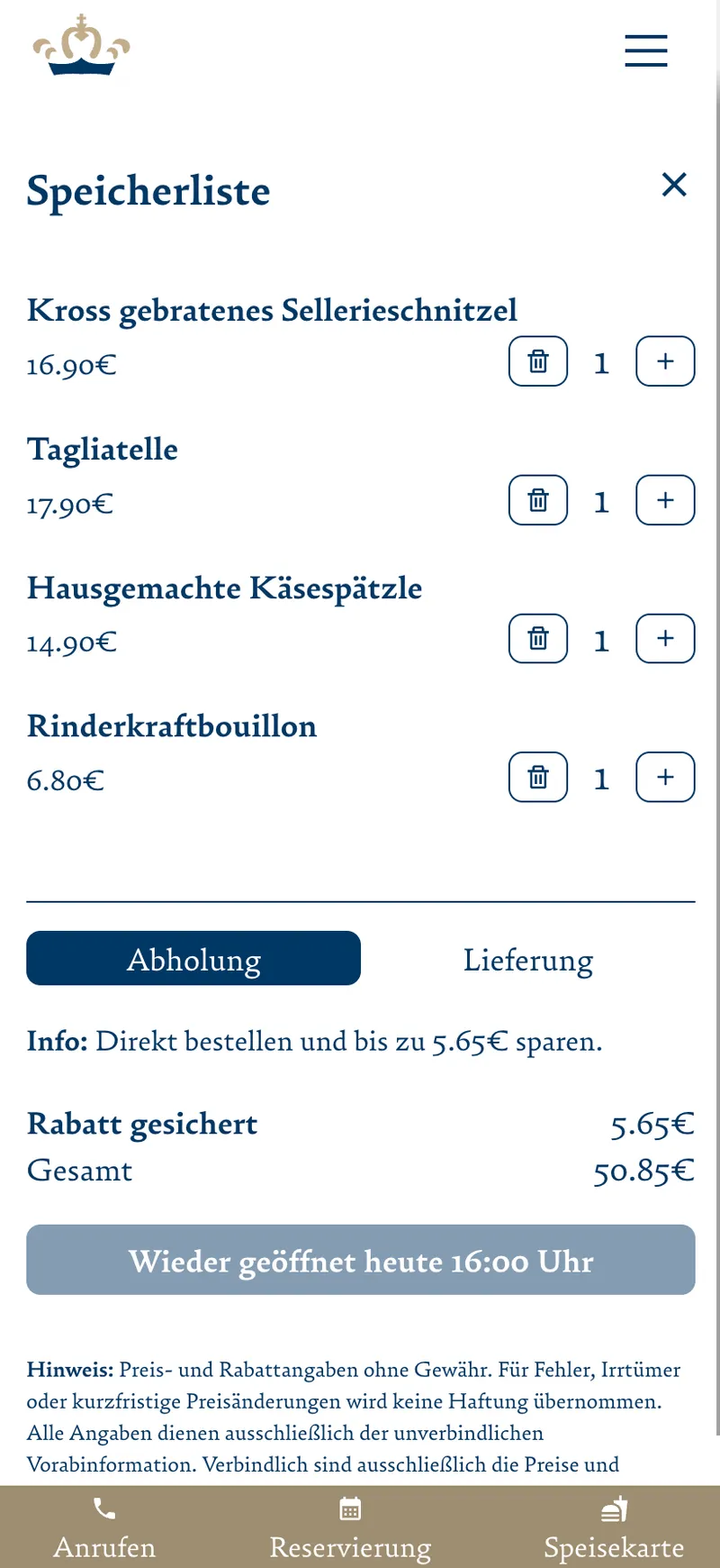Webseite des Restaurant Kurfürst. Bestellsystem in der Praxis. Die Webseite ist eine Gastique Webseite.