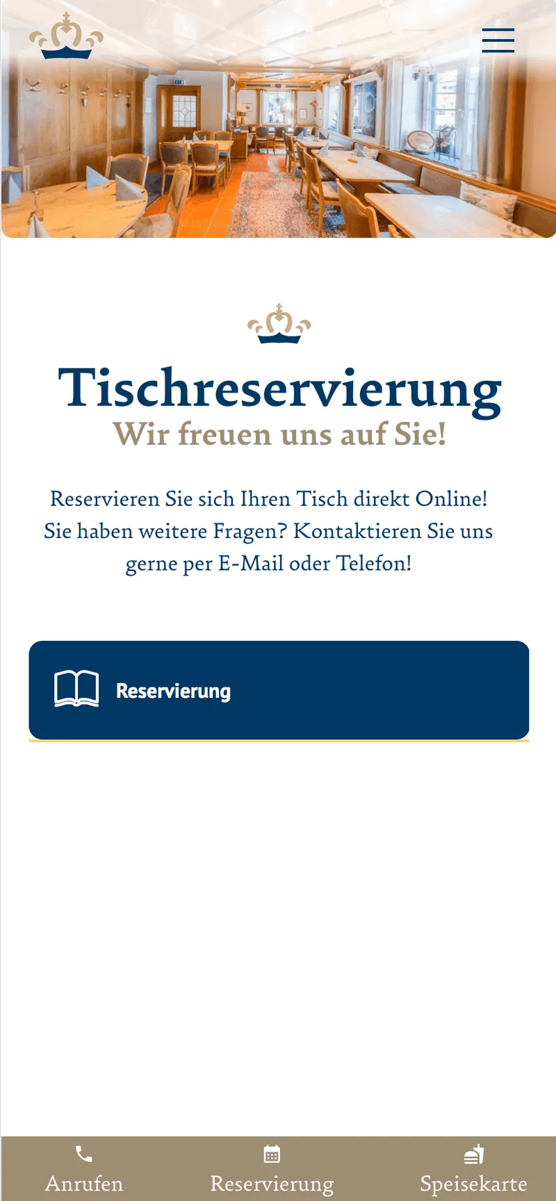 Webseite des Restaurant Kurfürst. Tischreservierungssektion. Die Webseite ist eine Gastique Webseite.