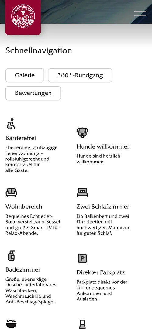 Unterseite des Weinberghofs Rickel. Eine Webseite von Gastique für eine Ferienwohnungunterkunft.