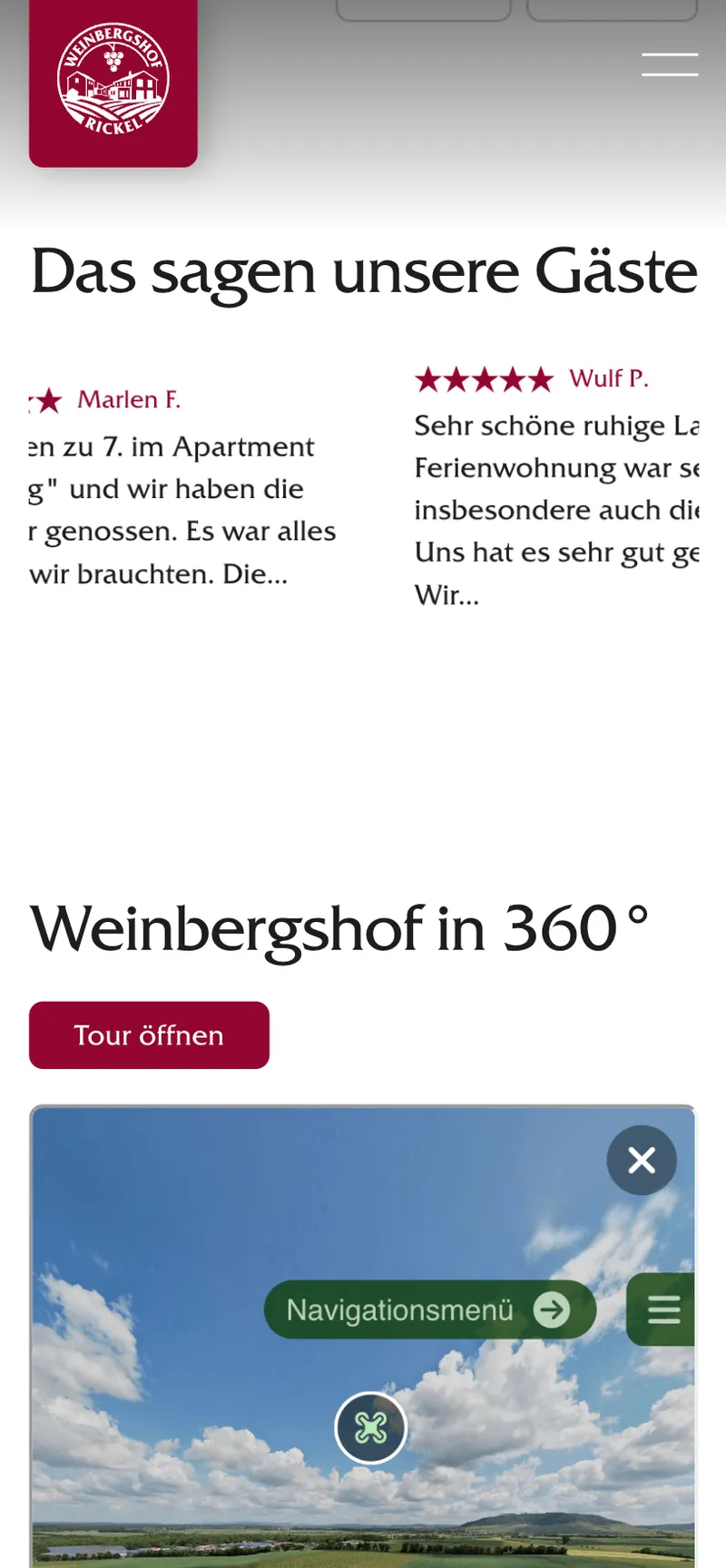 Unterseitensektion mit 360° Tour des Weinberghofs Rickel. Eine Webseite von Gastique für eine Ferienwohnungunterkunft.
