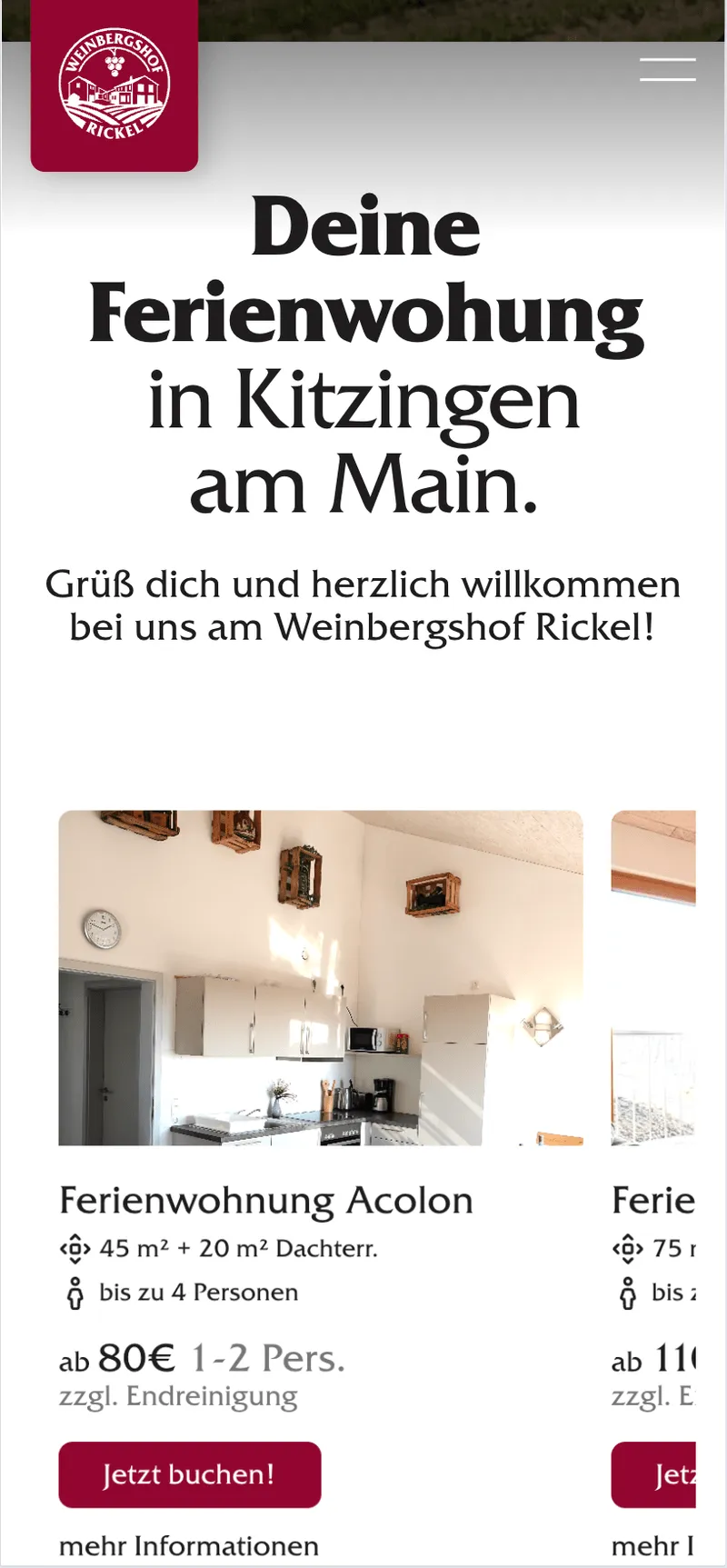 Startseite des Weinberghofs Rickel. Eine Webseite von Gastique für eine Ferienwohnungunterkunft.